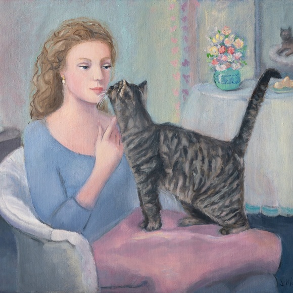 Oil painting  "La conversation"   portrait of woman with cat, 20"x24" - Picture 2 of 4